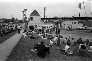 This picture shows the entrance to the original ball park. People were gathered around the entrance for a rally. Circa 1968. Photo courtesy of the Herald-Sun Newspaper and Open Durham.com. 