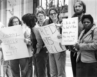 Protestors in front of the Durham County Judicial Building. N.C. Collection, Durham County Library. Photos by Tony Rumple, Durham Herald