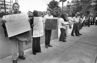Protestors in front of the Durham County Judicial Building. N.C. Collection, Durham County Library. Photos by Tony Rumple, Durham Herald
