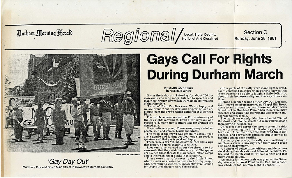 "Gays Call For Rights During Durham March" Durham Morning Herald Article, courtesy of Allan Troxler Papers, Durham County Library